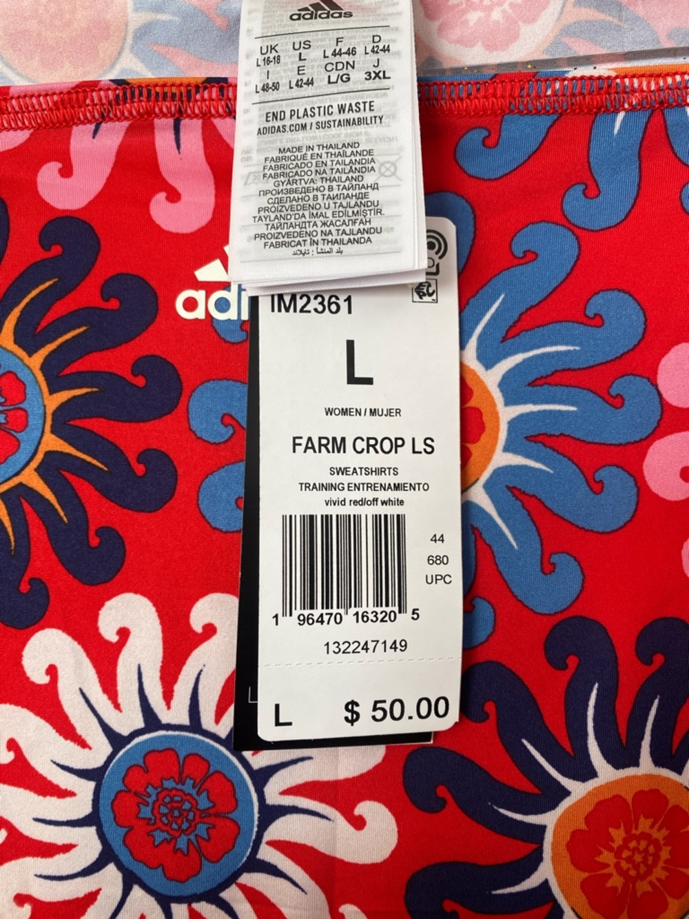 ADIDAS x FARM RIO Women's Red Pink Floral-Print Long Sleeve Crop Top NWT! - Picture 5 of 8